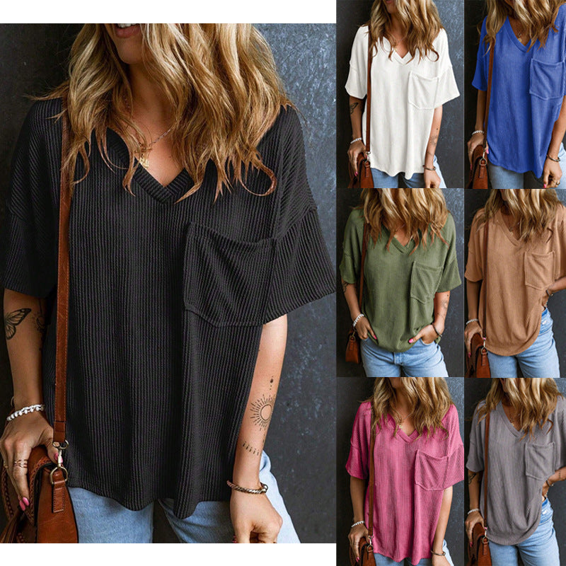 Damen Lässiges Rippstrick Oversize T-Shirt mit V-Ausschnitt und Brusttasche Drune