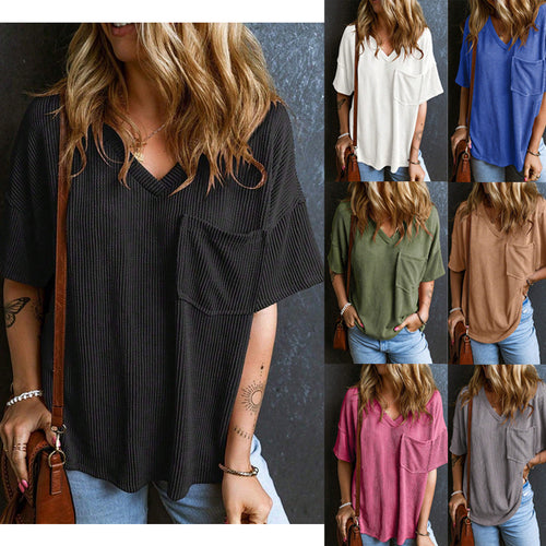 Damen Lässiges Rippstrick Oversize T-Shirt mit V-Ausschnitt und Brusttasche Drune
