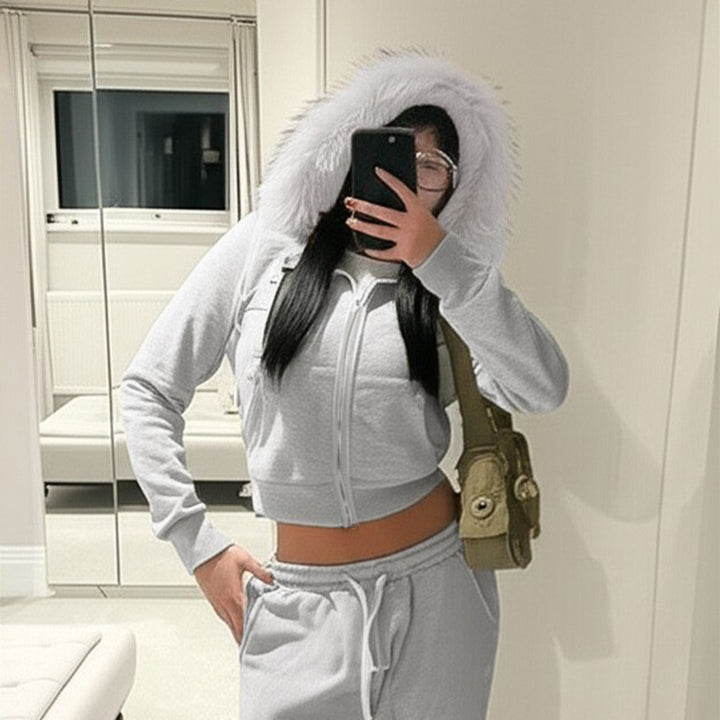 Damen Kurze Kapuzenjacke mit Reißverschluss, tailliertem Cropped-Schnitt und Kunstfellkragen Drune