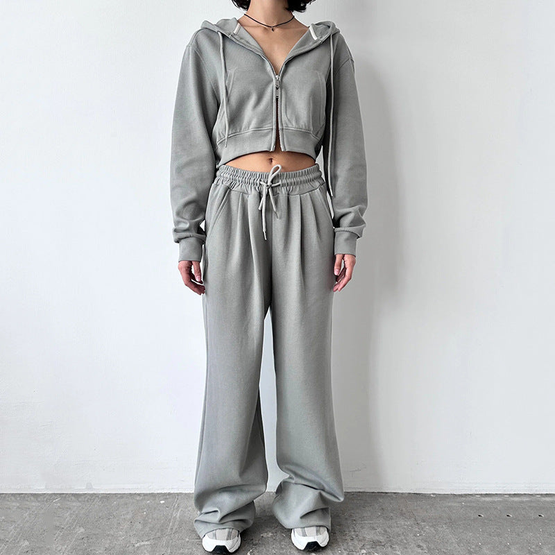 Damen kurzes Zip-Kapuzenjacken- und High-Waist Wide-Leg Jogginghose Set aus weichem French Terry Drune