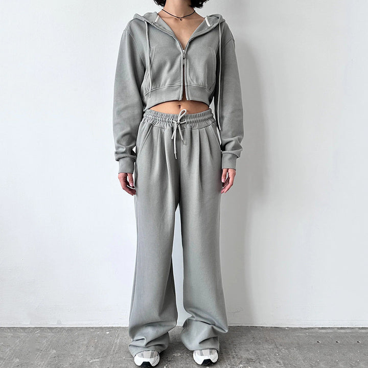 Damen kurzes Zip-Kapuzenjacken- und High-Waist Wide-Leg Jogginghose Set aus weichem French Terry Drune