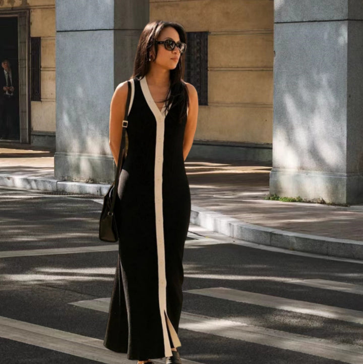 Damen Maxikleid mit Knopfleiste und kontrastierendem Design Drune