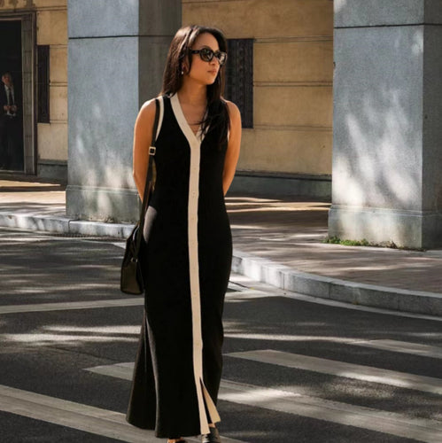 Damen Maxikleid mit Knopfleiste und kontrastierendem Design Drune