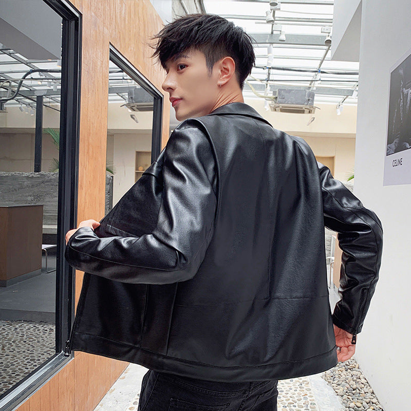 Herren minimalistisches Kunstleder-Zipblouson mit Hemdkragen und Pattentaschen Drune
