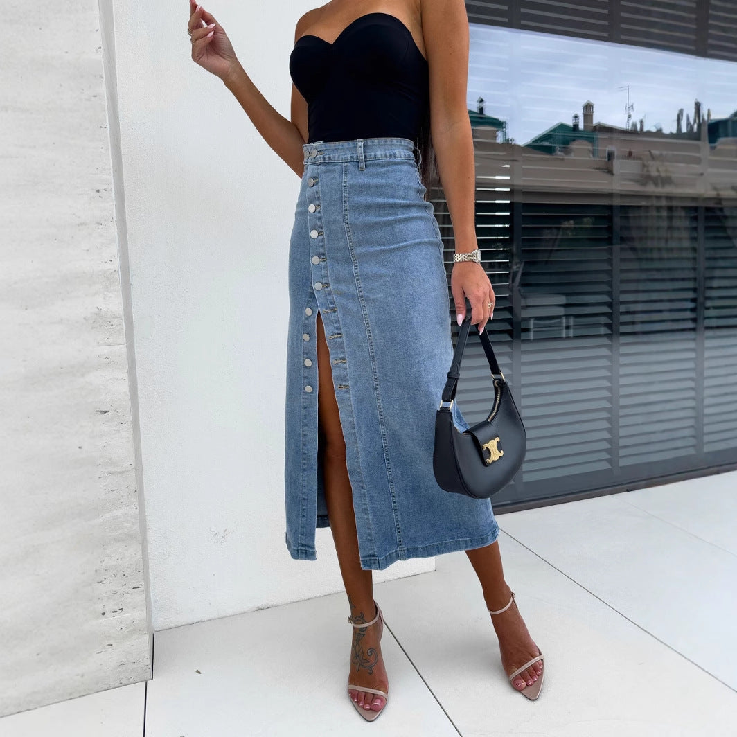 Damen Langer Jeansrock mit seitlichem Schlitz und modischen Knopfdetails Drune
