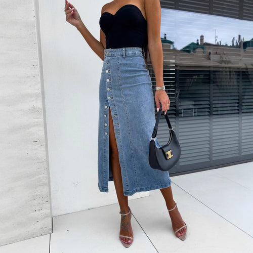 Damen Langer Jeansrock mit seitlichem Schlitz und modischen Knopfdetails Drune