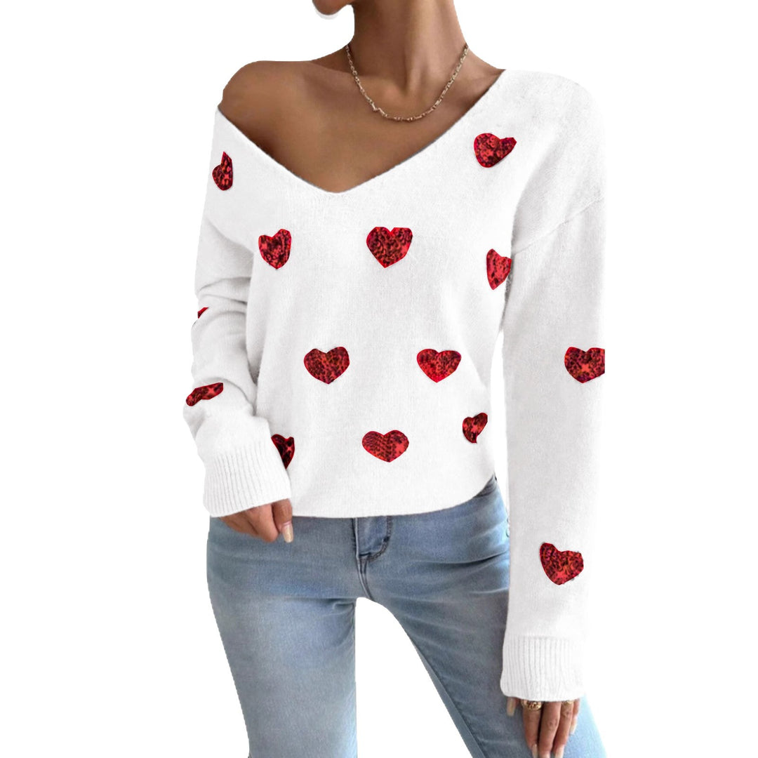 Damen Oversized Pullover mit tiefem V-Ausschnitt und Herzmotiv Drune