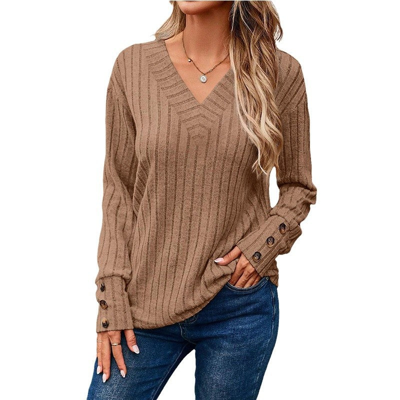 Damen Gerippter V-Ausschnitt Strickpullover mit Knopfmanschetten Drune