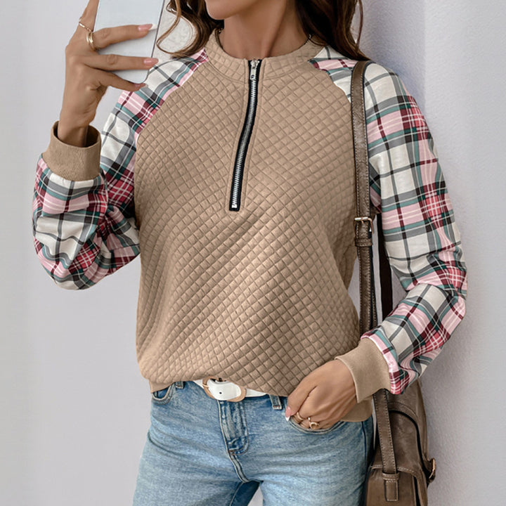 Damen Gesteppter Raglan-Sweatpullover mit halbem Reißverschluss und Karoärmeln Drune