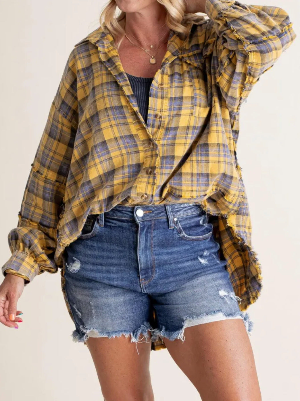 Damen nan oversized Karo-Überhemd mit Fransenbesatz, Brusttaschen und lockerer Passform Drune