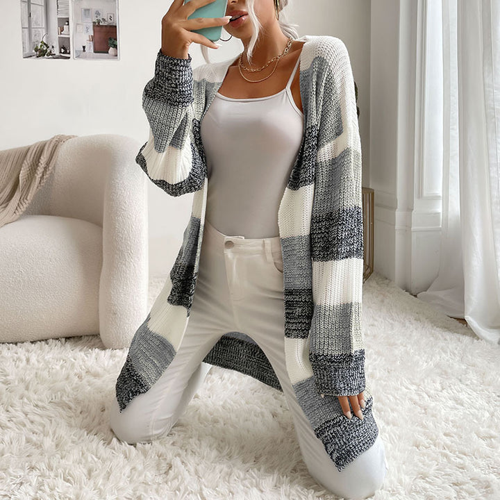 Damen Longline Strickcardigan mit breiten Blockstreifen, offener Front und überschnittener Schulter Drune