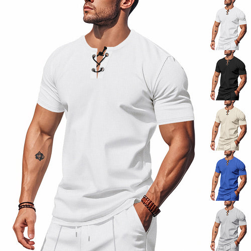 Herren nan Kurzarmshirt mit Schnürung am Ausschnitt und Waffelstruktur Drune