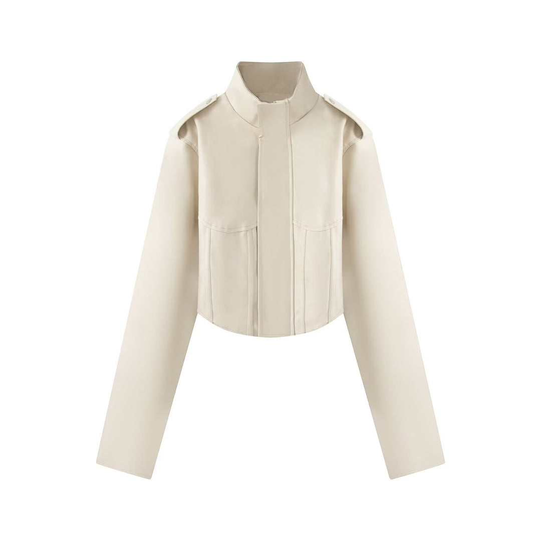Damen Kurze Lederoptik-Jacke mit Korsagennaht und Stehkragen Drune