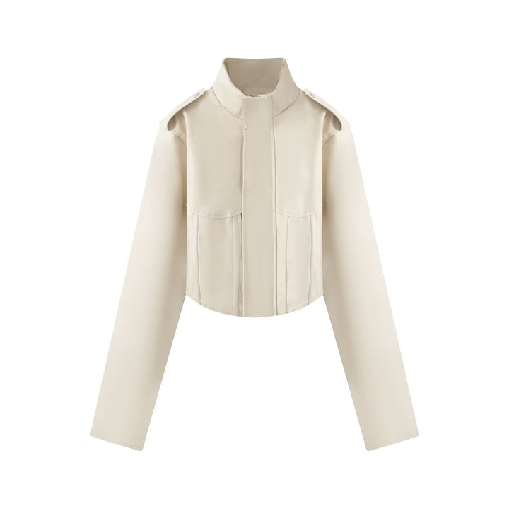 Damen Kurze Lederoptik-Jacke mit Korsagennaht und Stehkragen Drune