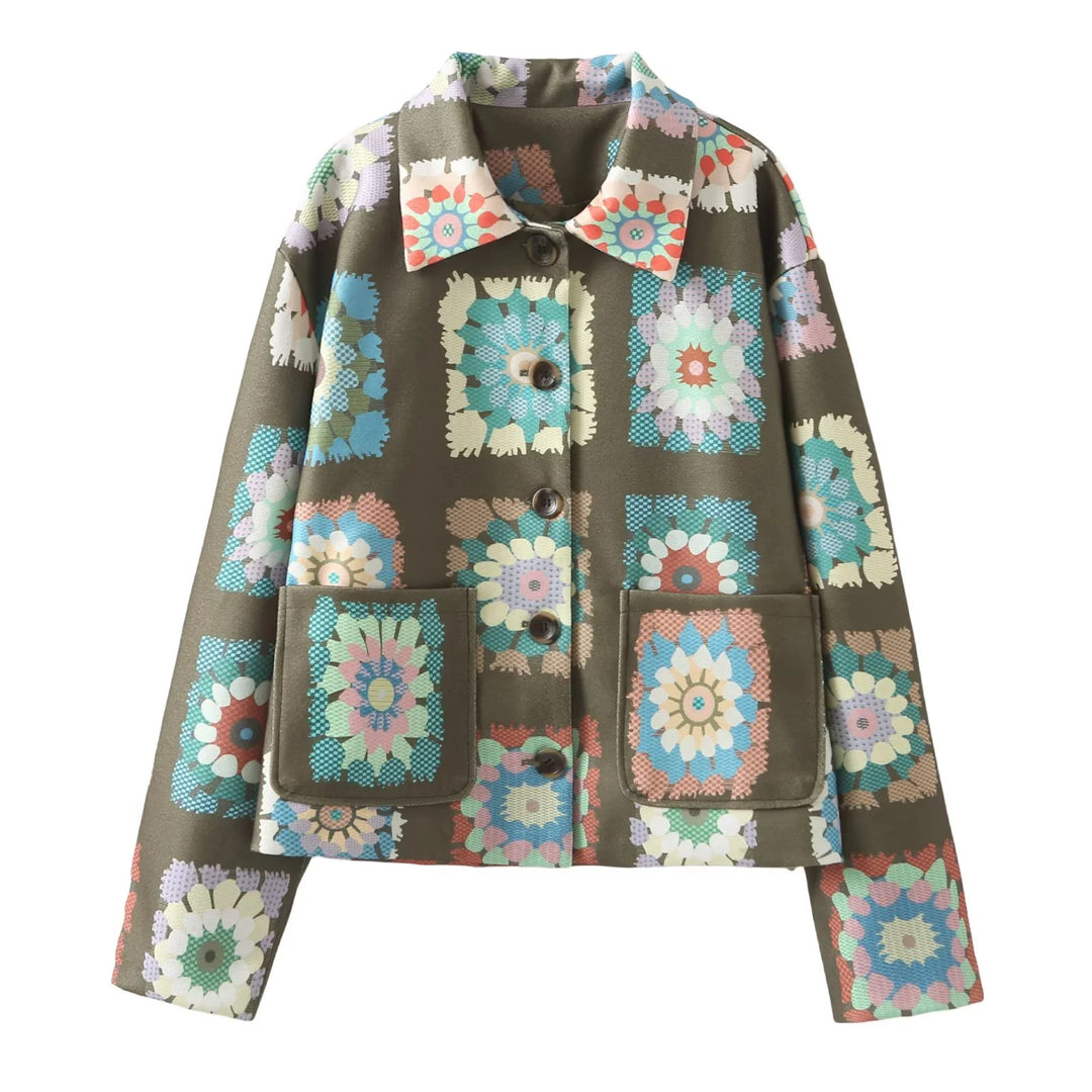 Damen nan gemusterte kurze Boxy-Jacke mit floralen Patchwork-Quadraten Drune