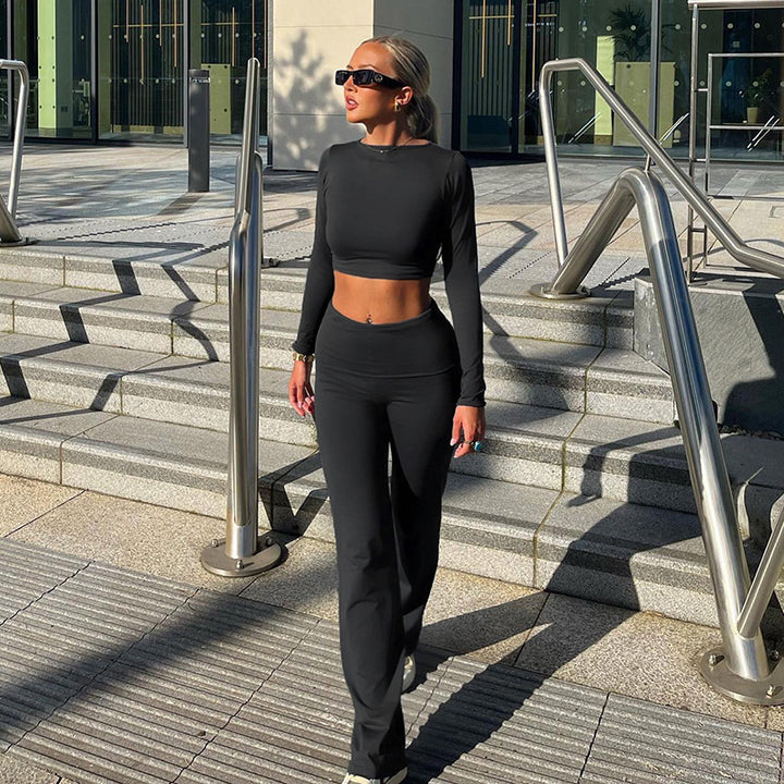 Damen Sportliches Langarm-Crop-Top und figurbetonte Flared-Hose Set Drune