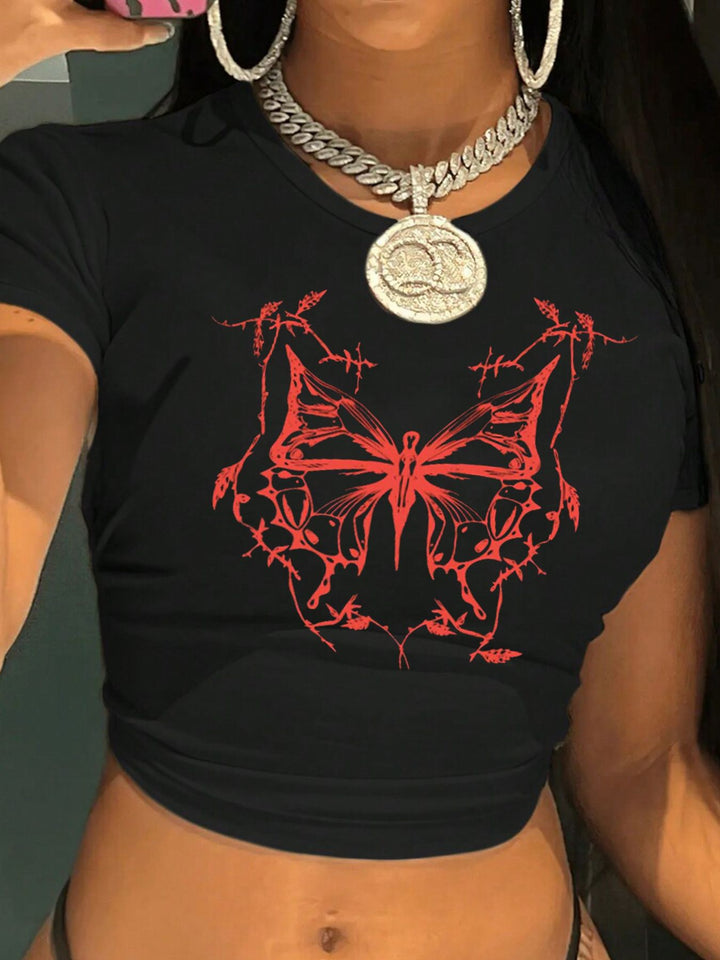 Damen figurbetontes Kurzarm-T-Shirt mit verspieltem Aufdruck Drune