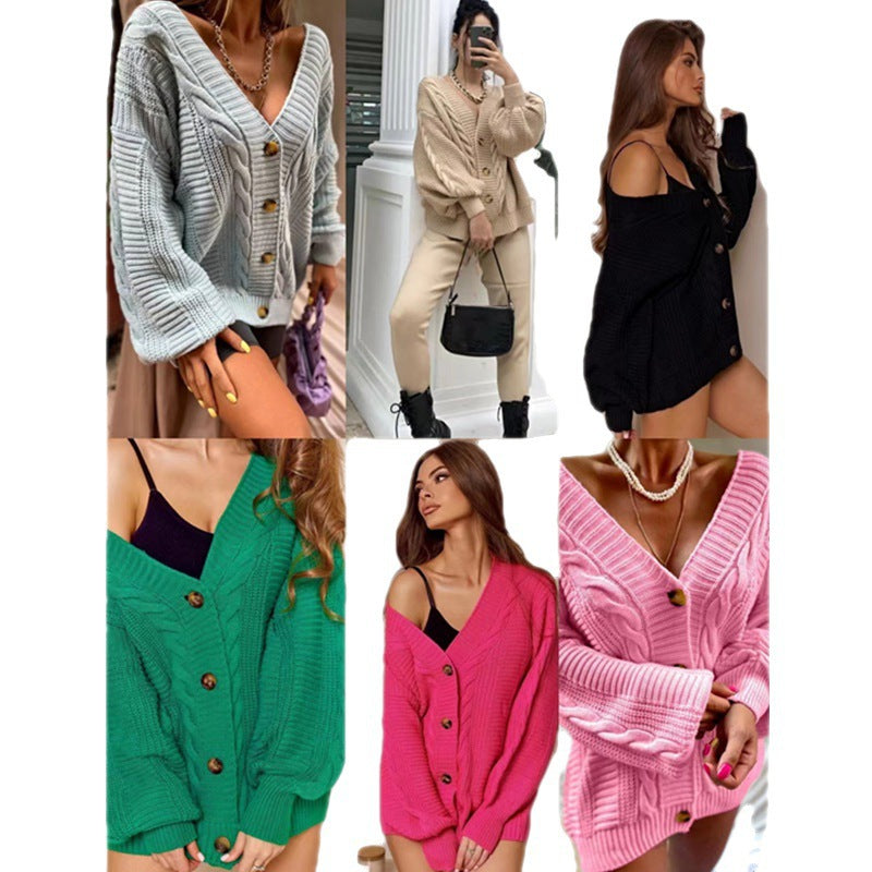 Damen Grobstrick-Cardigan mit offenen Ärmeln und dekorativen Knöpfen Drune