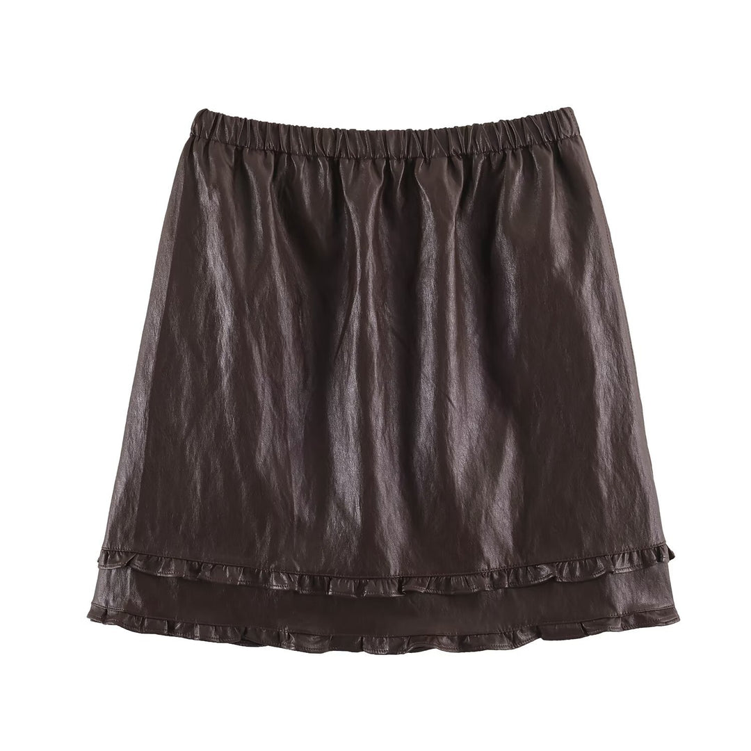 Damen Midirock aus beschichtetem Kunstleder mit elastischem Bund und doppellagigem Volantbesatz Drune