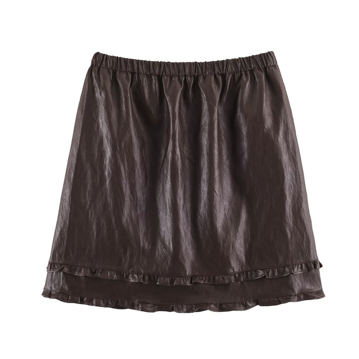 Damen Midirock aus beschichtetem Kunstleder mit elastischem Bund und doppellagigem Volantbesatz Drune