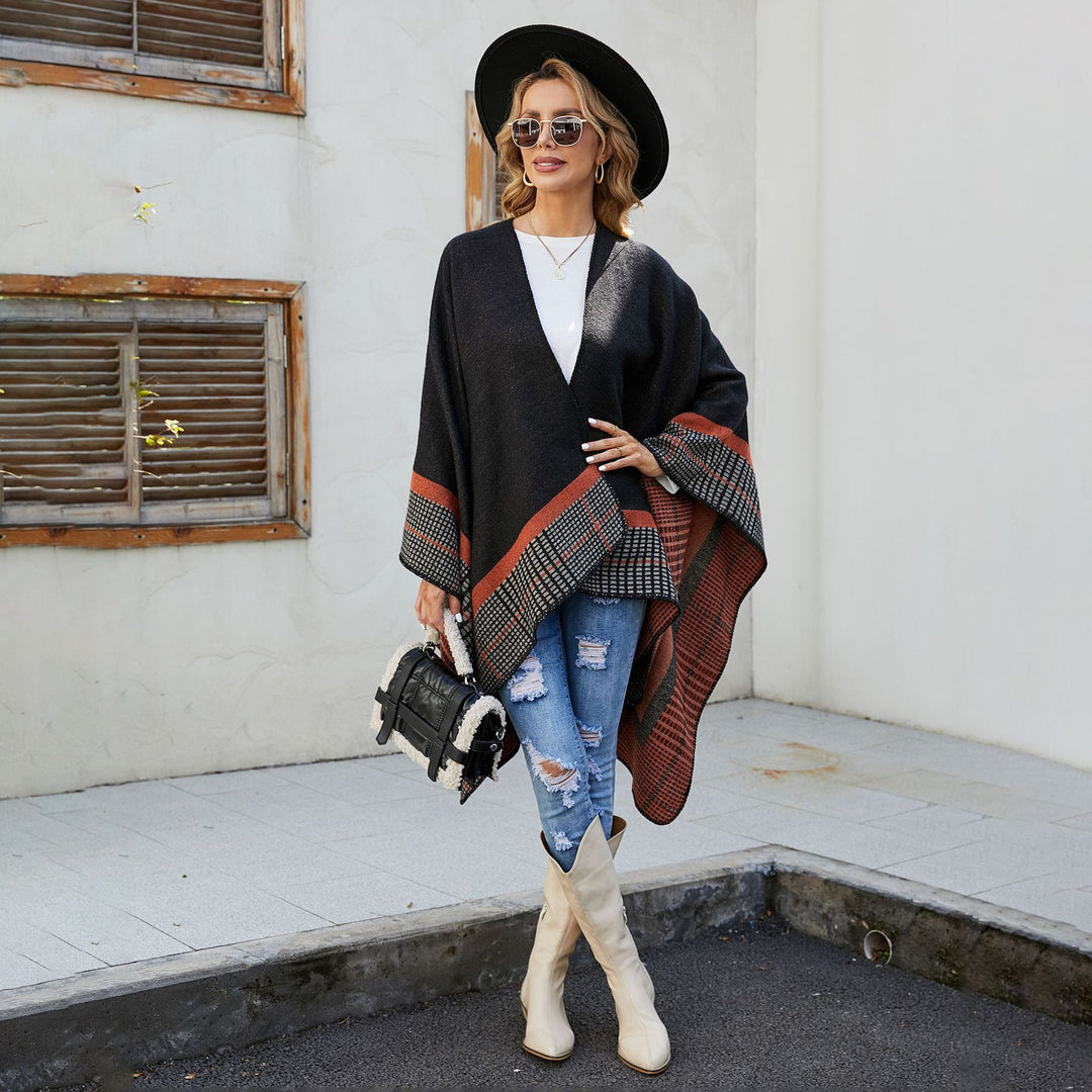 Damen Oversize-Capeponcho aus Wollmix mit kastigem Fall und feiner Bordürenstruktur Drune