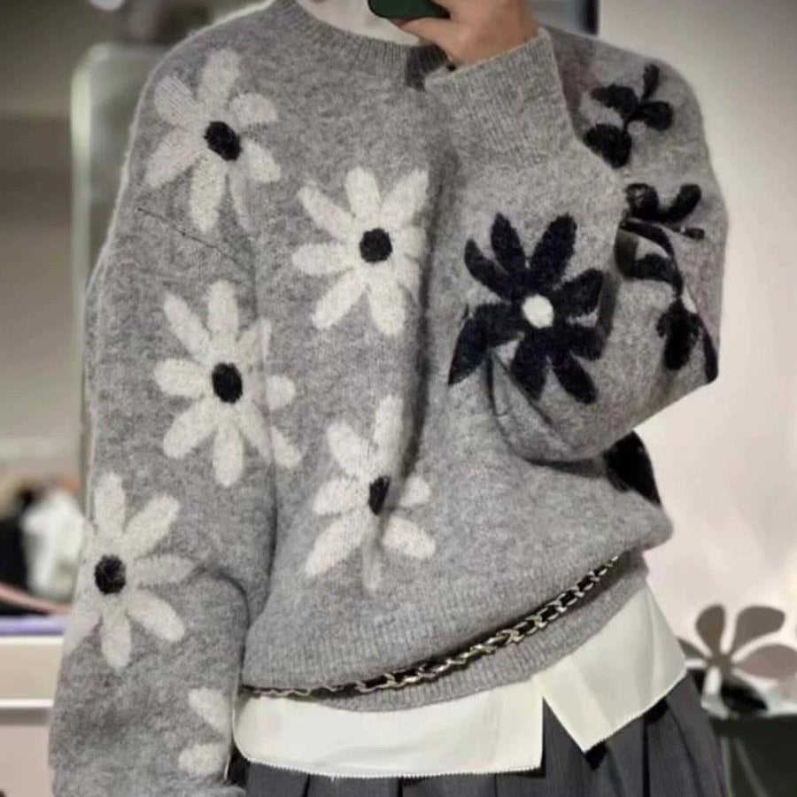 Damen gemütlicher Strickpullover mit floralem Muster und weichem Material Drune