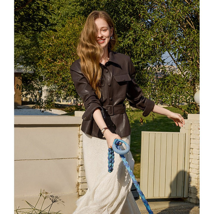 Damen Taillierter Utility-Lederblouson mit Bindegürtel und aufgesetzten Brusttaschen Drune