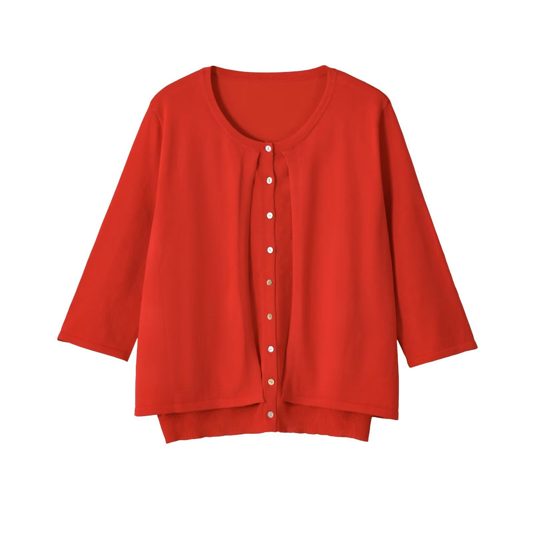 Damen Leichte Cardigan-Bluse mit Rundhalsausschnitt, Dreiviertelärmeln und verdeckter Knopfleiste Drune