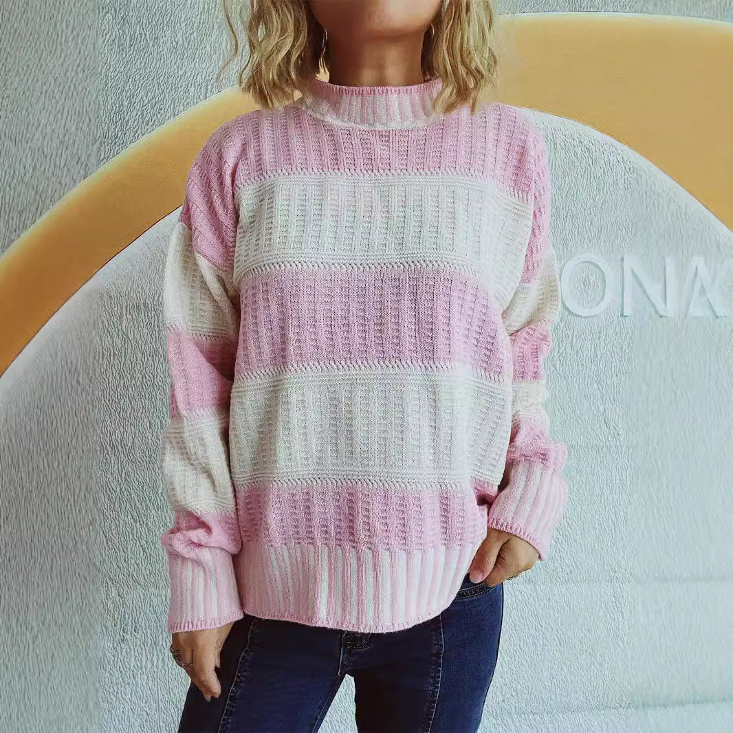 Damen modischer Strickpullover mit einzigartigem Streifenmuster und hohen Bündchen Drune