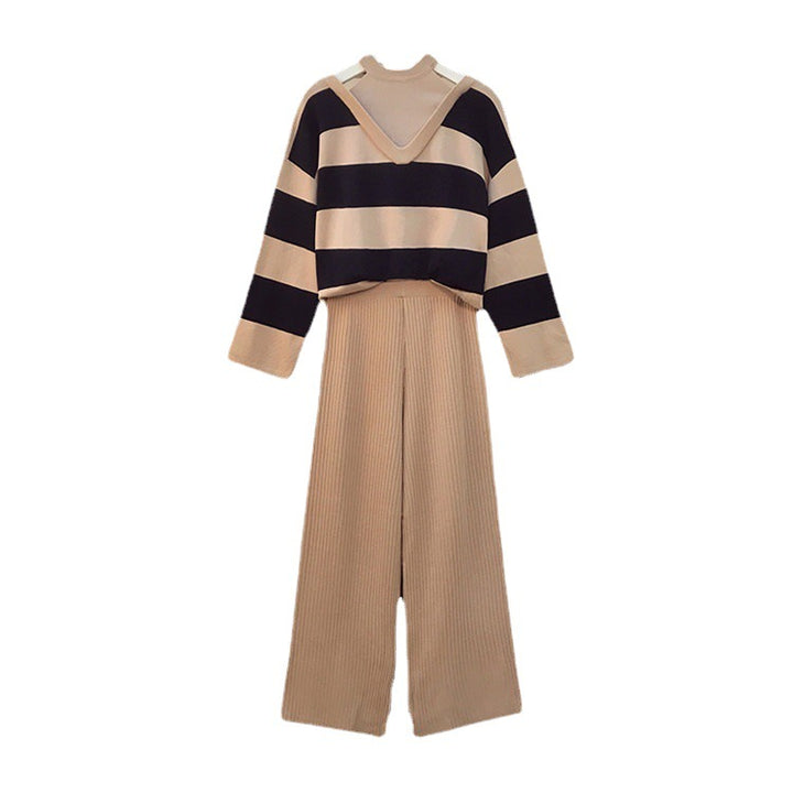 Damen modisches Strick-Loungewear-Set mit Streifenmuster und hohem Kragen Drune