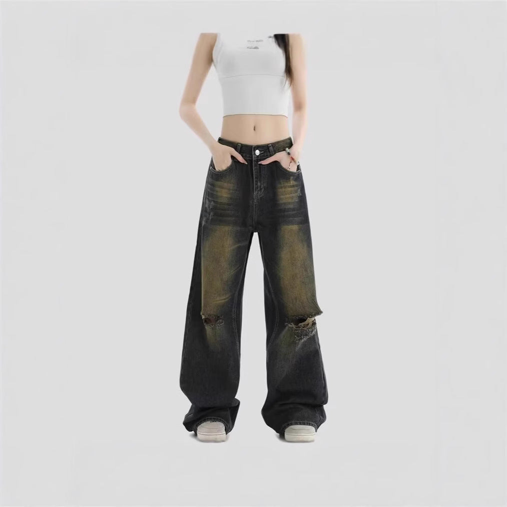 Damen Modische Weitbeinjeans mit zerrissenen Details Drune