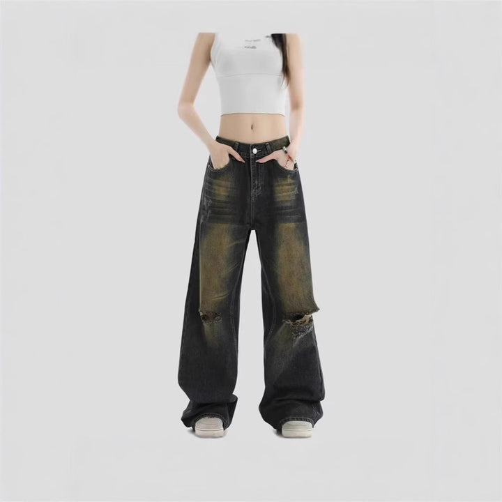 Damen Modische Weitbeinjeans mit zerrissenen Details Drune