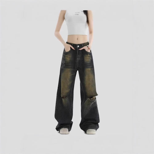 Damen Modische Weitbeinjeans mit zerrissenen Details Drune
