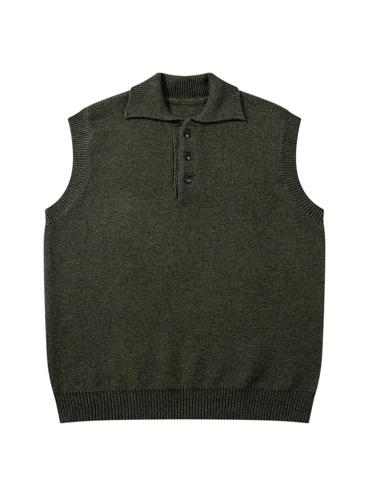 Unisex Ärmellose Strickweste mit Polokragen und Knopfleiste Drune