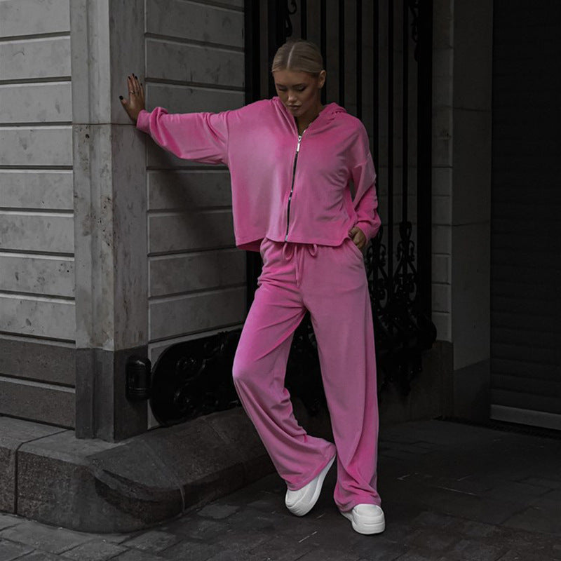Damen kuscheliges Velours-Zweiteiler mit kurzem Reißverschluss-Hoodie, Tunnelzugbund und weitem Palazzo-Jogger Drune
