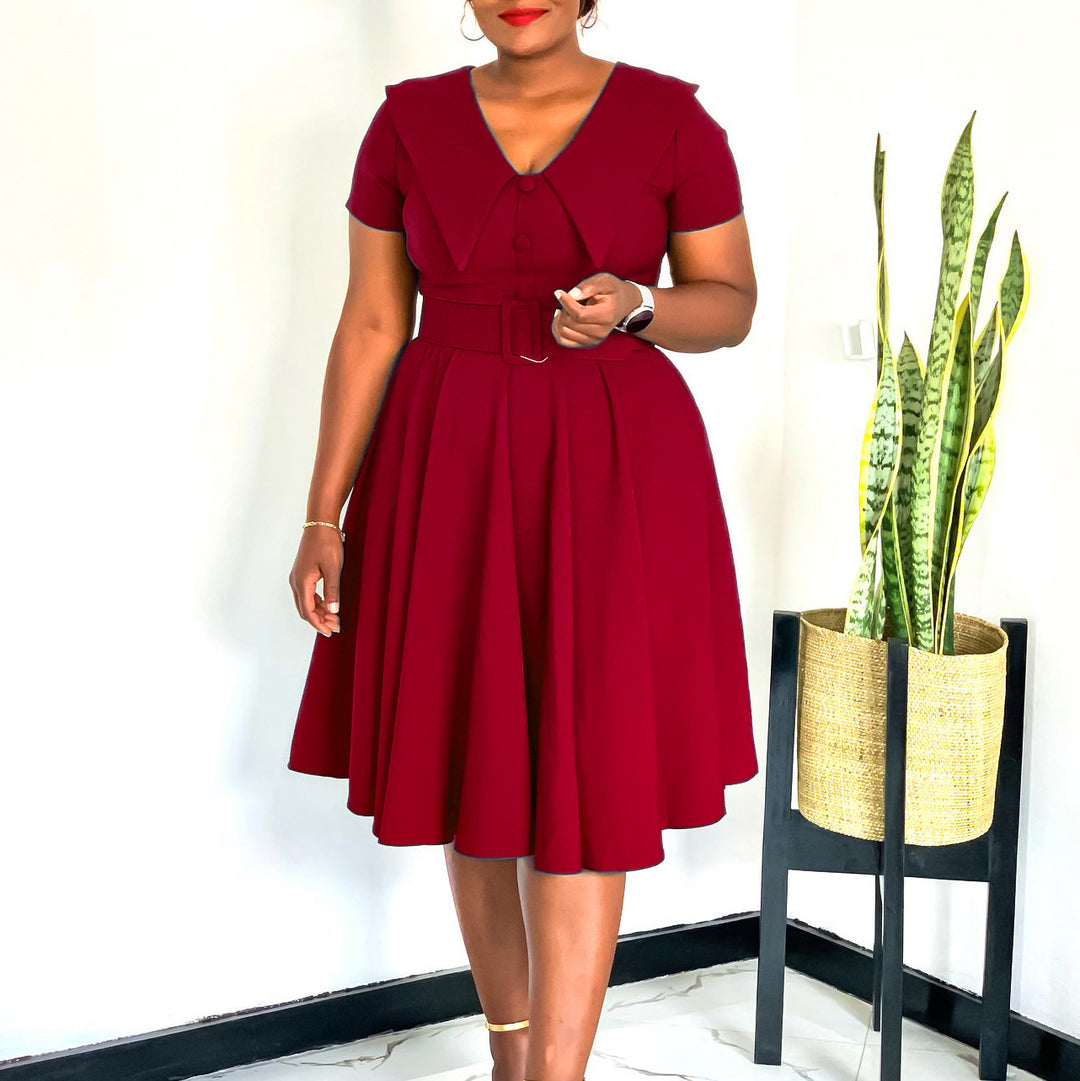 Damen A-Linien Kleid mit elegantem Kragen und Bindegürtel Drune
