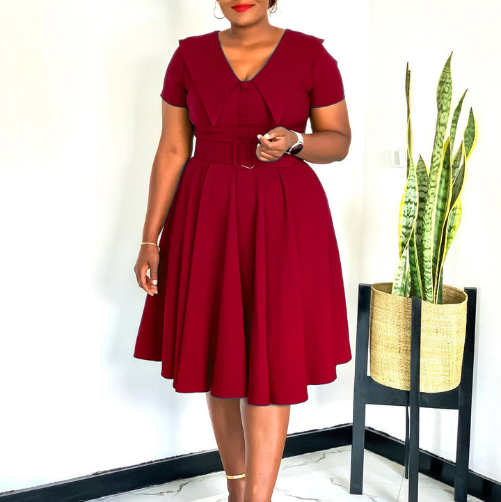 Damen A-Linien Kleid mit elegantem Kragen und Bindegürtel Drune