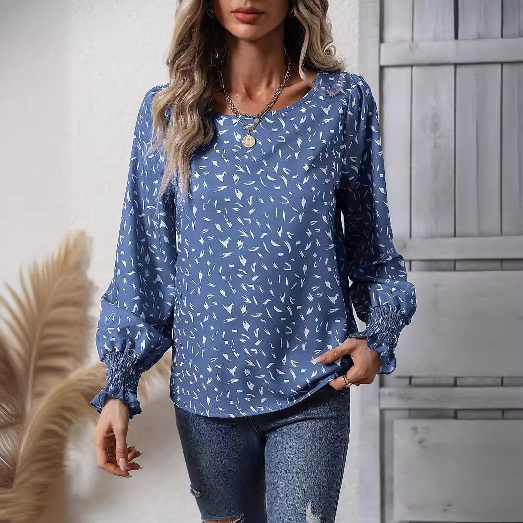 Damen elegante Bluse mit raffinierten Puffärmeln und zartem Muster Drune