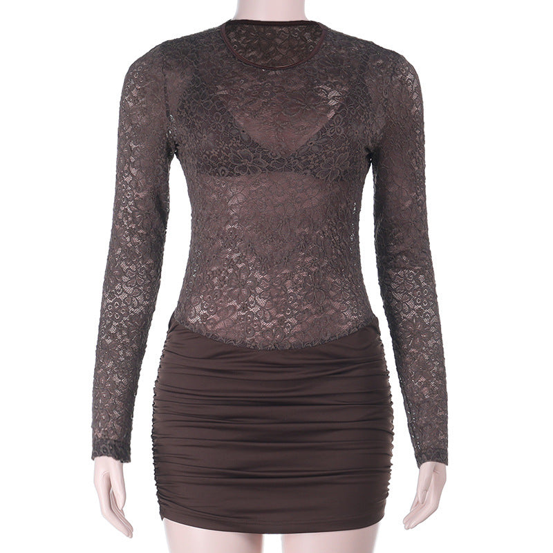 Damen verlaufendes Minikleid mit Spitzenoberteil und langem Arm Drune