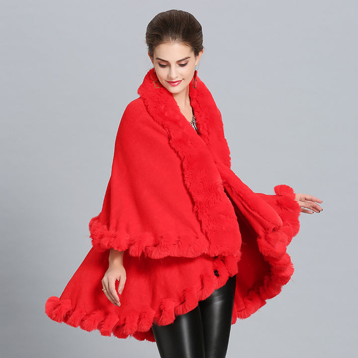 Damen Kapuzenponcho mit luxuriösem Fellkragen und eleganter Umrandung Drune