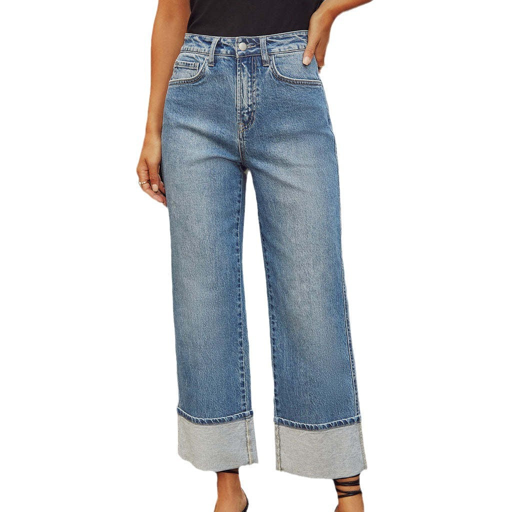Damen nan hochgeschnittene Culotte-Jeans mit breitem Umschlag und geradem Bein Drune
