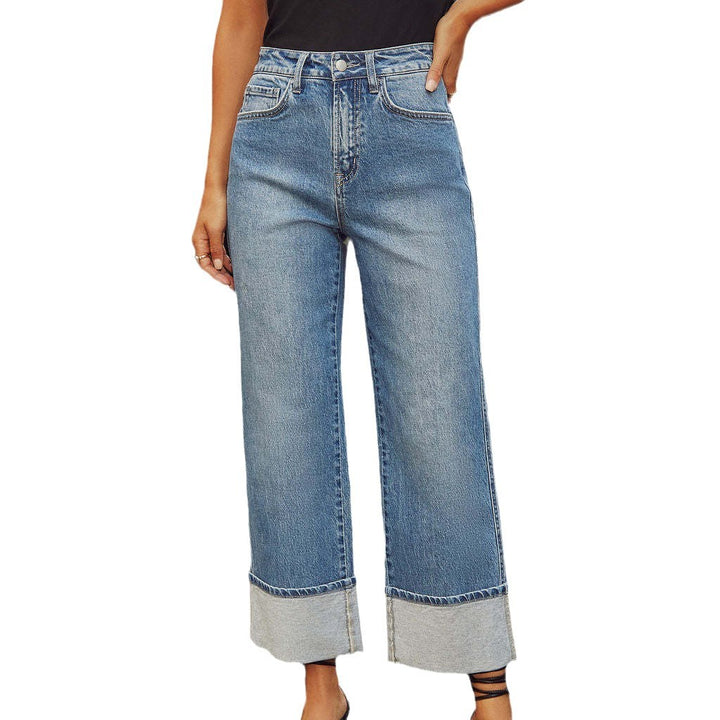 Damen nan hochgeschnittene Culotte-Jeans mit breitem Umschlag und geradem Bein Drune