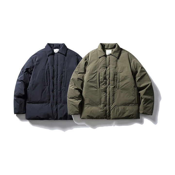 Herren Kurz geschnittene Thermo‑Pufferjacke im Boxy‑Cut mit Hemdkragen und verdeckter Druckknopfleiste Drune
