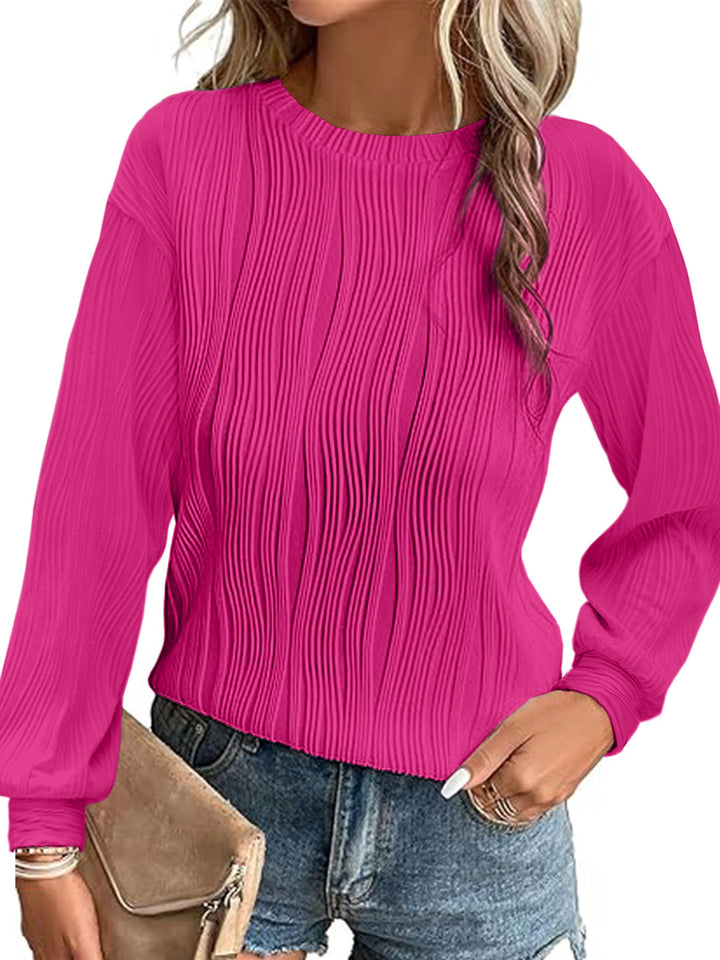 Damen Fein plissiertes Langarmshirt mit Rundhalsausschnitt und strukturierter Wellenoptik Drune