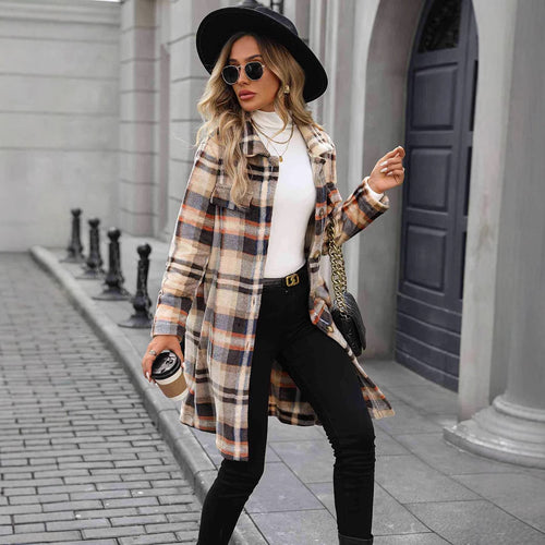 Damen Karierter Oversized-Wintermantel mit praktischen Taschen und Knopfdetail Drune