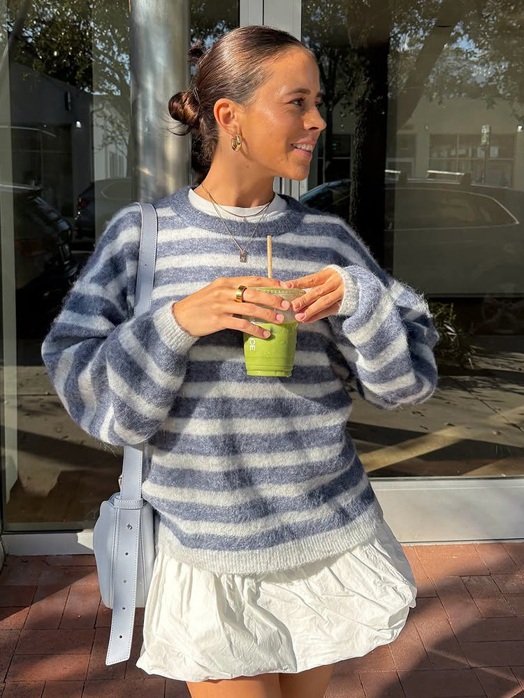 Damen Gestreifter Mohair-Mix Oversize-Pullover mit Ballonärmeln Drune