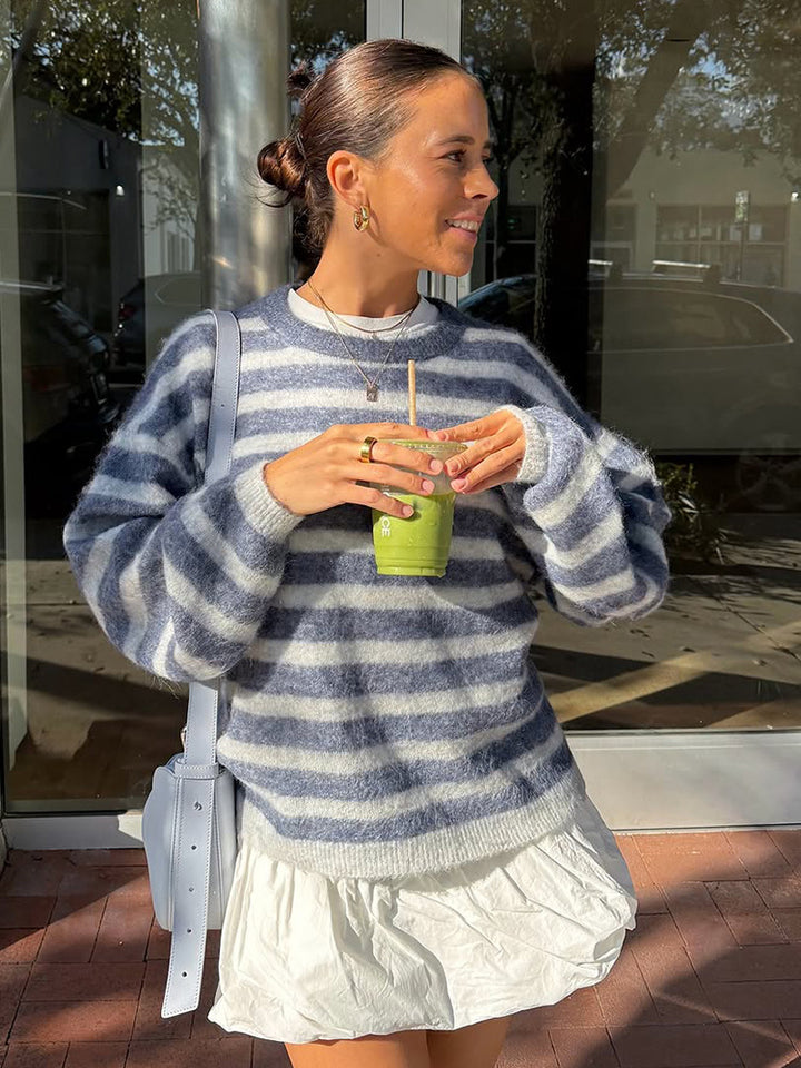 Damen Gestreifter Mohair-Mix Oversize-Pullover mit Ballonärmeln Drune
