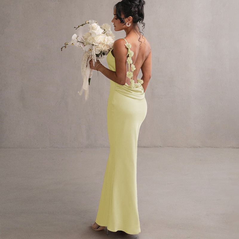 Damen Satin Maxikleid mit zarten Trägern und eleganter Drapierung Drune