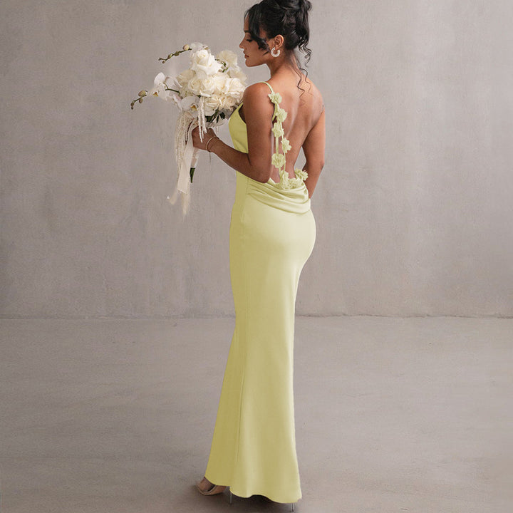 Damen Satin Maxikleid mit zarten Trägern und eleganter Drapierung Drune