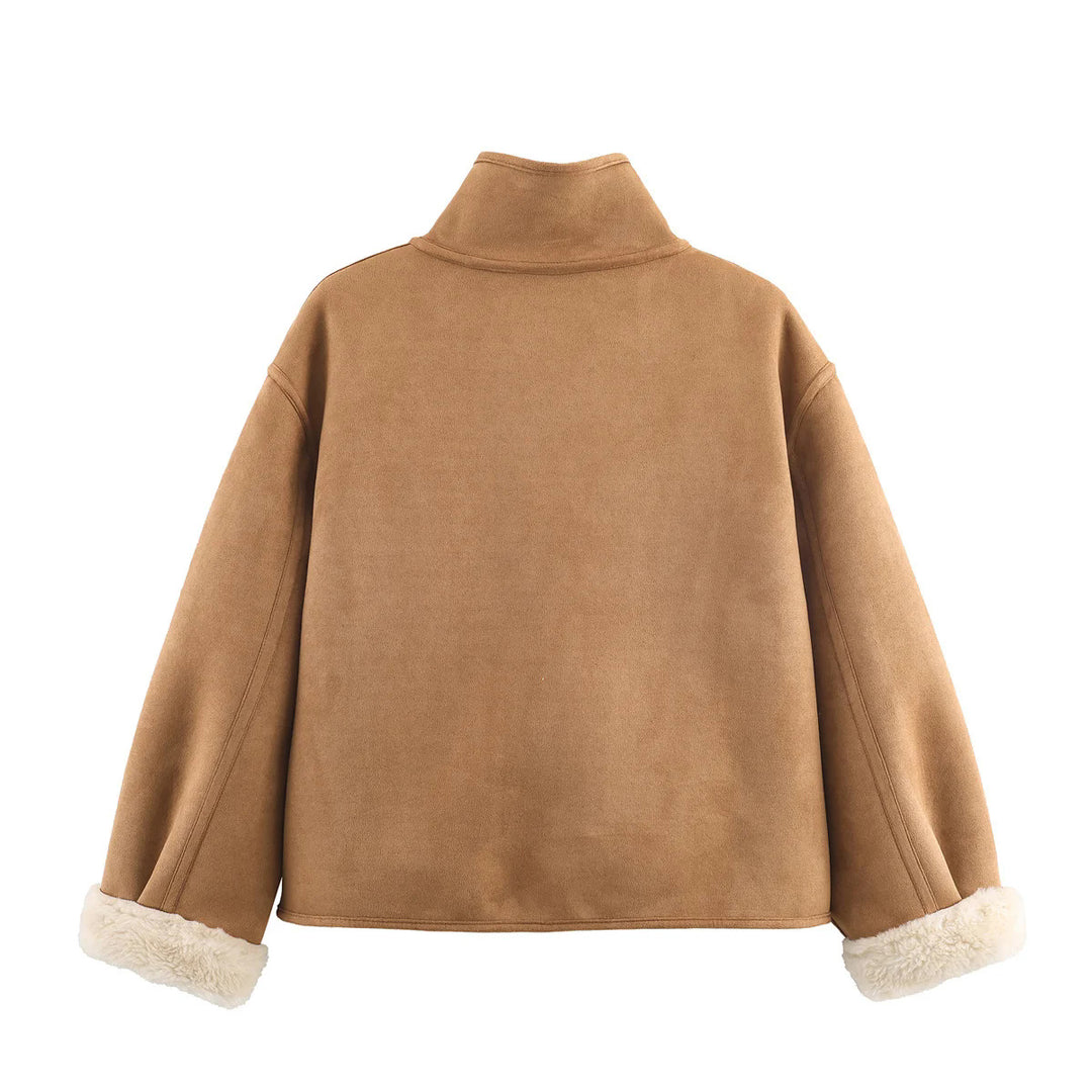 Damen nan kurze Lammfelloptik Jacke mit Stehkragen, weichem Teddyfutter und großzügigen aufgesetzten Taschen Drune